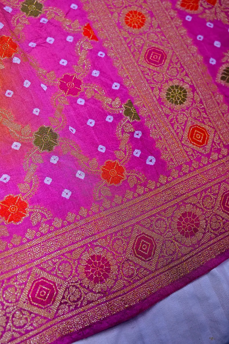Multi-Color Pink, Yellow & Orange Bandhani Silk Saree with Gold Zari Jaal & Meenakari Border(RLSS-177)