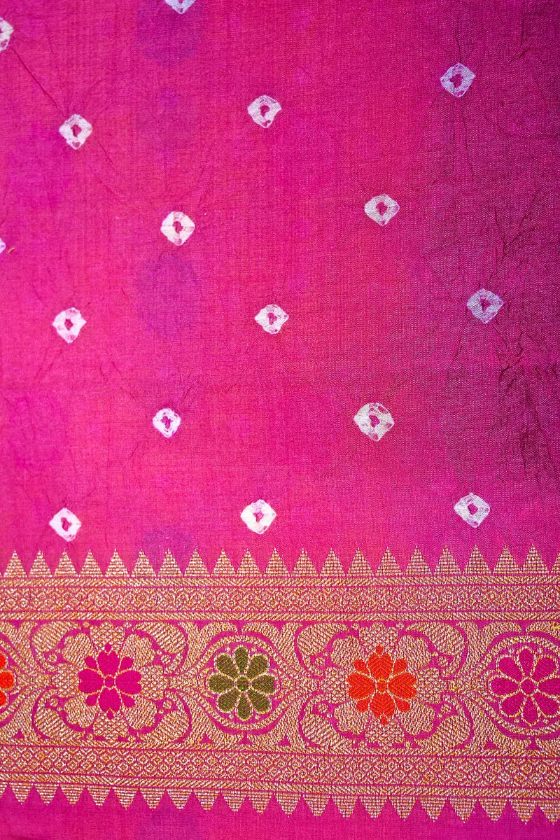 Multi-Color Pink, Yellow & Orange Bandhani Silk Saree with Gold Zari Jaal & Meenakari Border(RLSS-177)