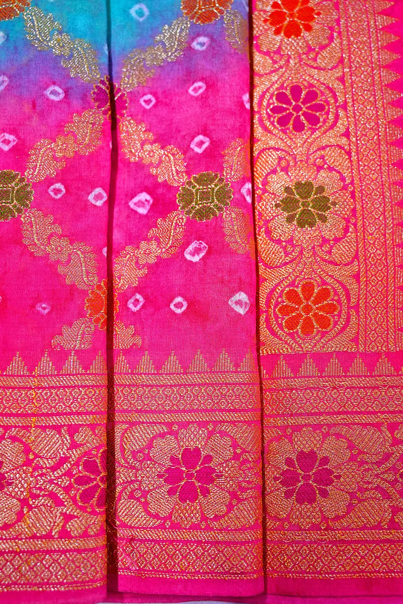 Multi-Color Ocean Blue & Hot Pink Bandhani Silk Saree with Gold Zari Jaal & Purple Meenakari Border(RLSS-178)