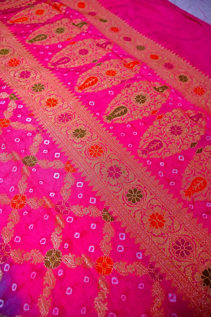 Multi-Color Ocean Blue & Hot Pink Bandhani Silk Saree with Gold Zari Jaal & Purple Meenakari Border(RLSS-178)
