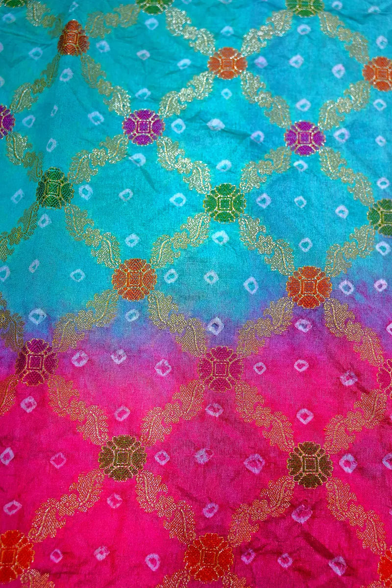 Multi-Color Ocean Blue & Hot Pink Bandhani Silk Saree with Gold Zari Jaal & Purple Meenakari Border(RLSS-178)