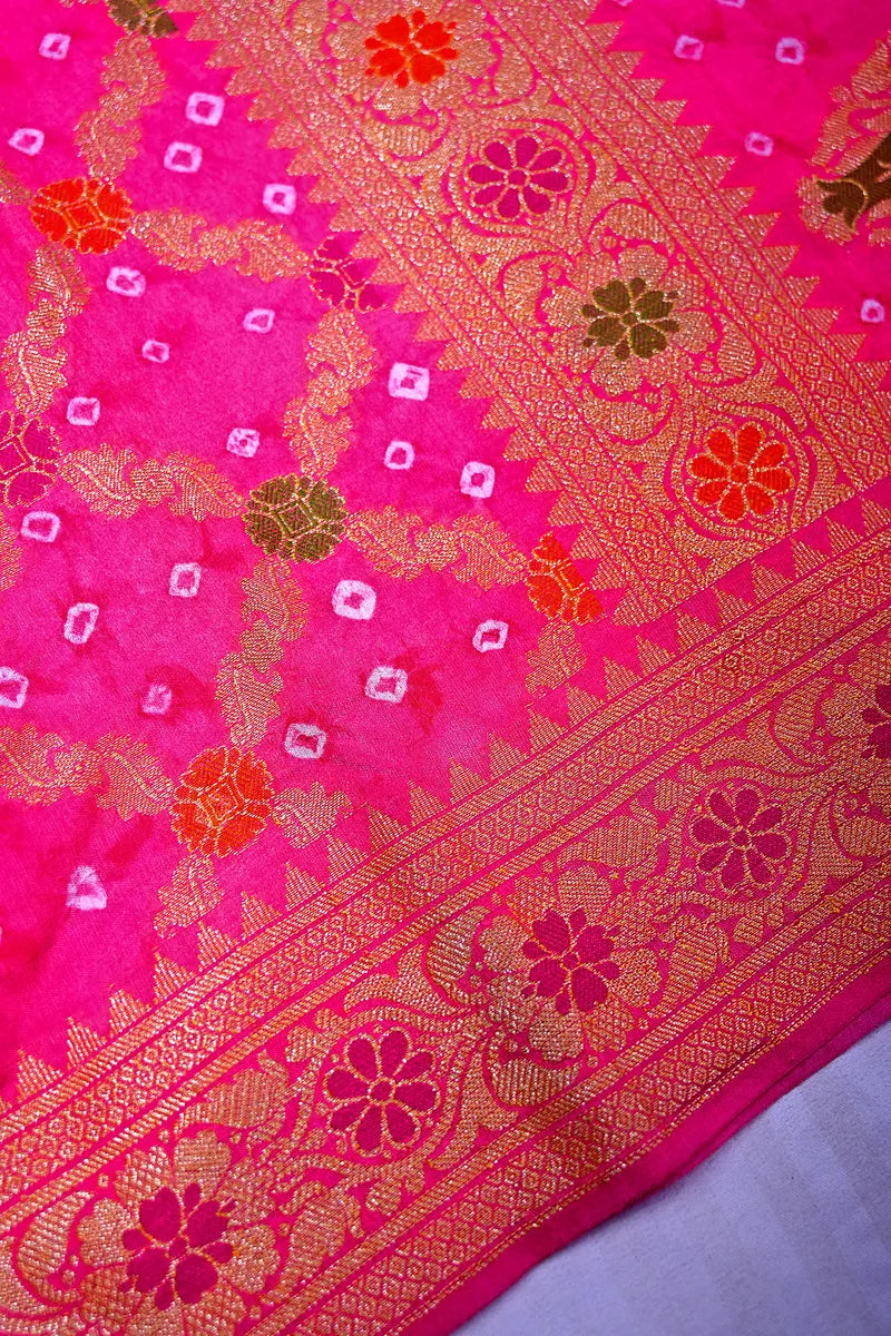 Multi-Color Ocean Blue & Hot Pink Bandhani Silk Saree with Gold Zari Jaal & Purple Meenakari Border(RLSS-178)