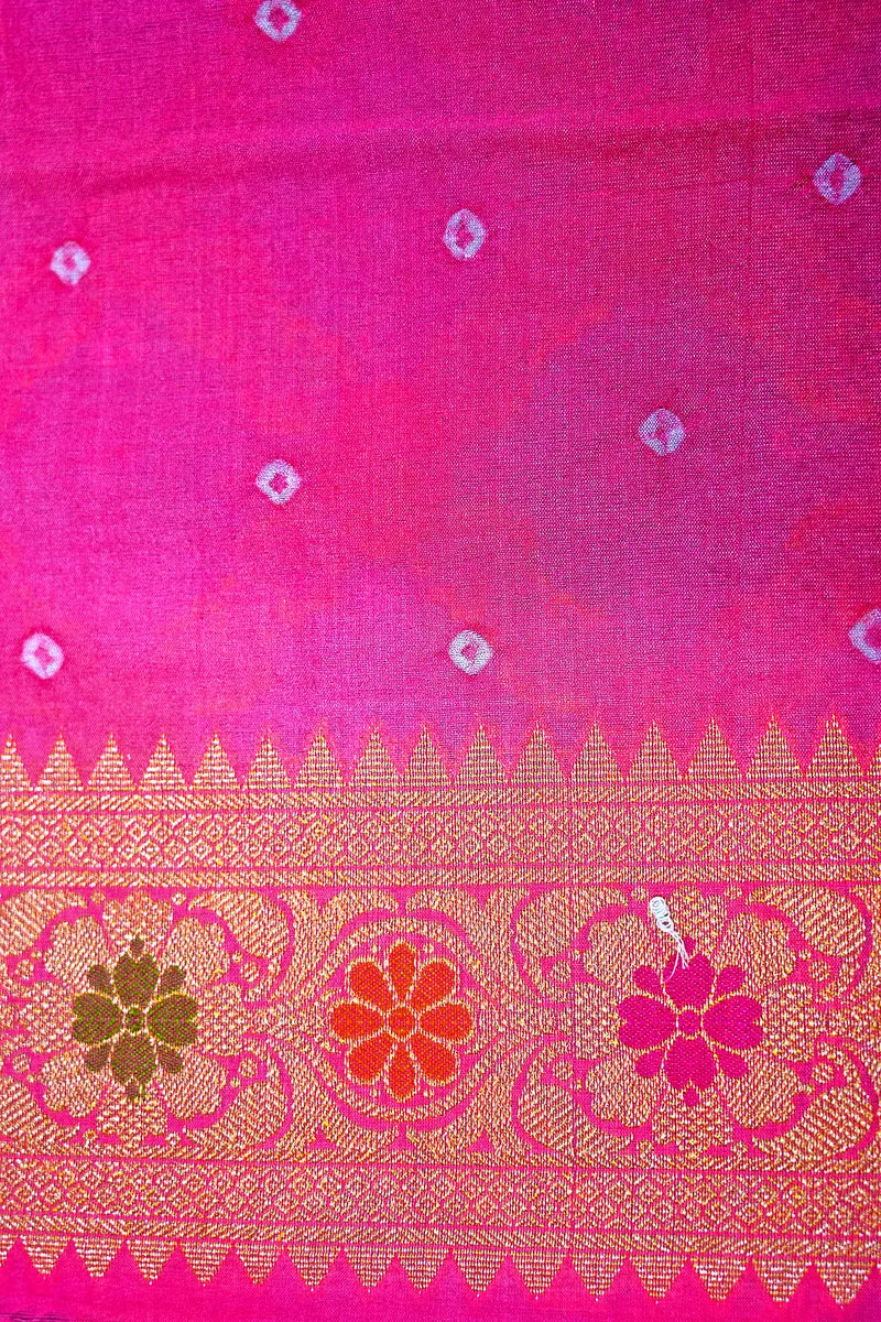 Multi-Color Ocean Blue & Hot Pink Bandhani Silk Saree with Gold Zari Jaal & Purple Meenakari Border(RLSS-178)