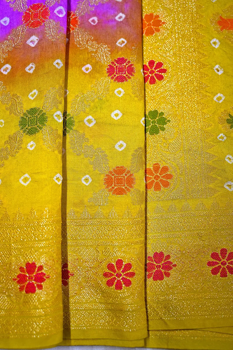 Dual Shade Mustard Yellow & Purple Bandhani Silk Saree with Gold Zari Jaal  Meenakari Border(RLSS-173)