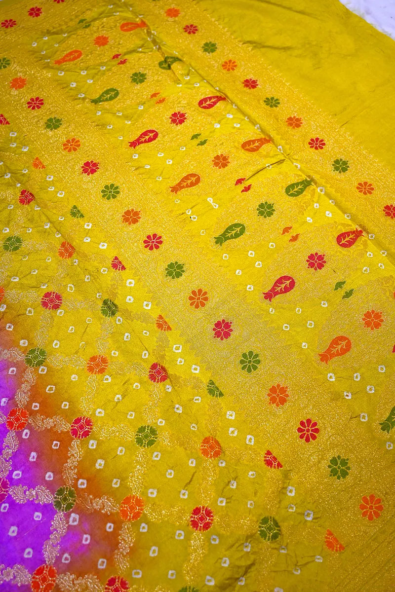 Dual Shade Mustard Yellow & Purple Bandhani Silk Saree with Gold Zari Jaal  Meenakari Border(RLSS-173)