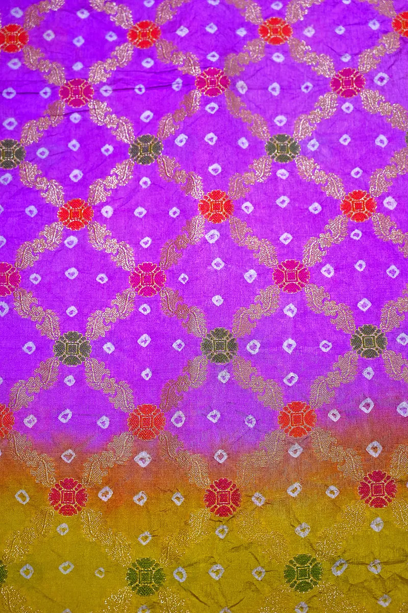 Dual Shade Mustard Yellow & Purple Bandhani Silk Saree with Gold Zari Jaal  Meenakari Border(RLSS-173)