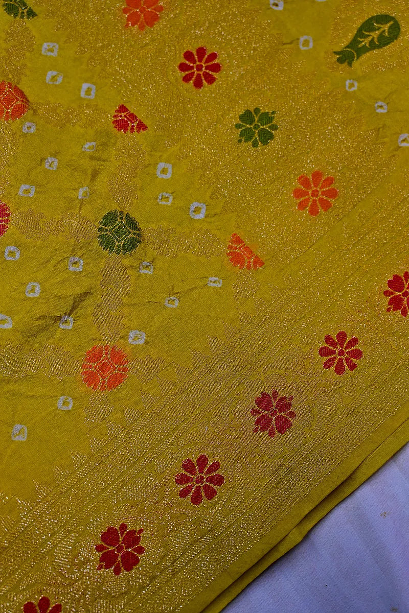Dual Shade Mustard Yellow & Purple Bandhani Silk Saree with Gold Zari Jaal  Meenakari Border(RLSS-173)