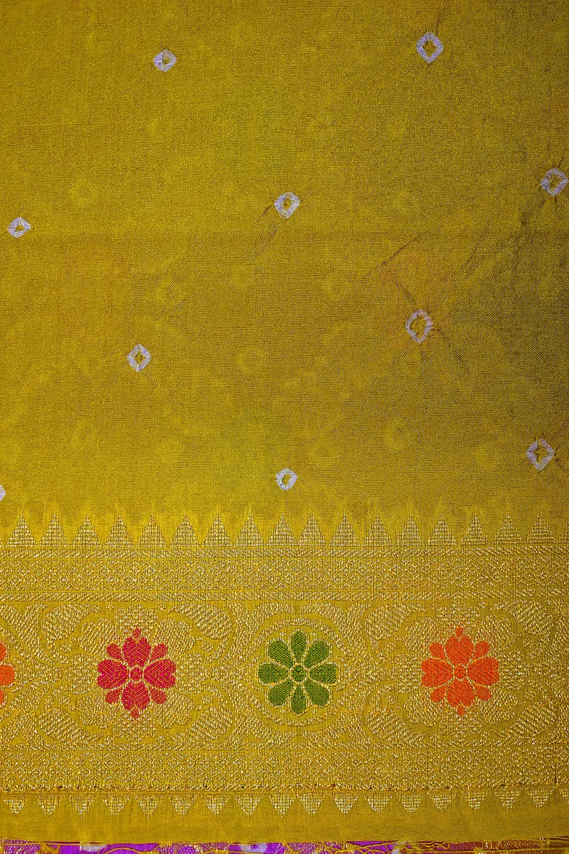 Dual Shade Mustard Yellow & Purple Bandhani Silk Saree with Gold Zari Jaal  Meenakari Border(RLSS-173)