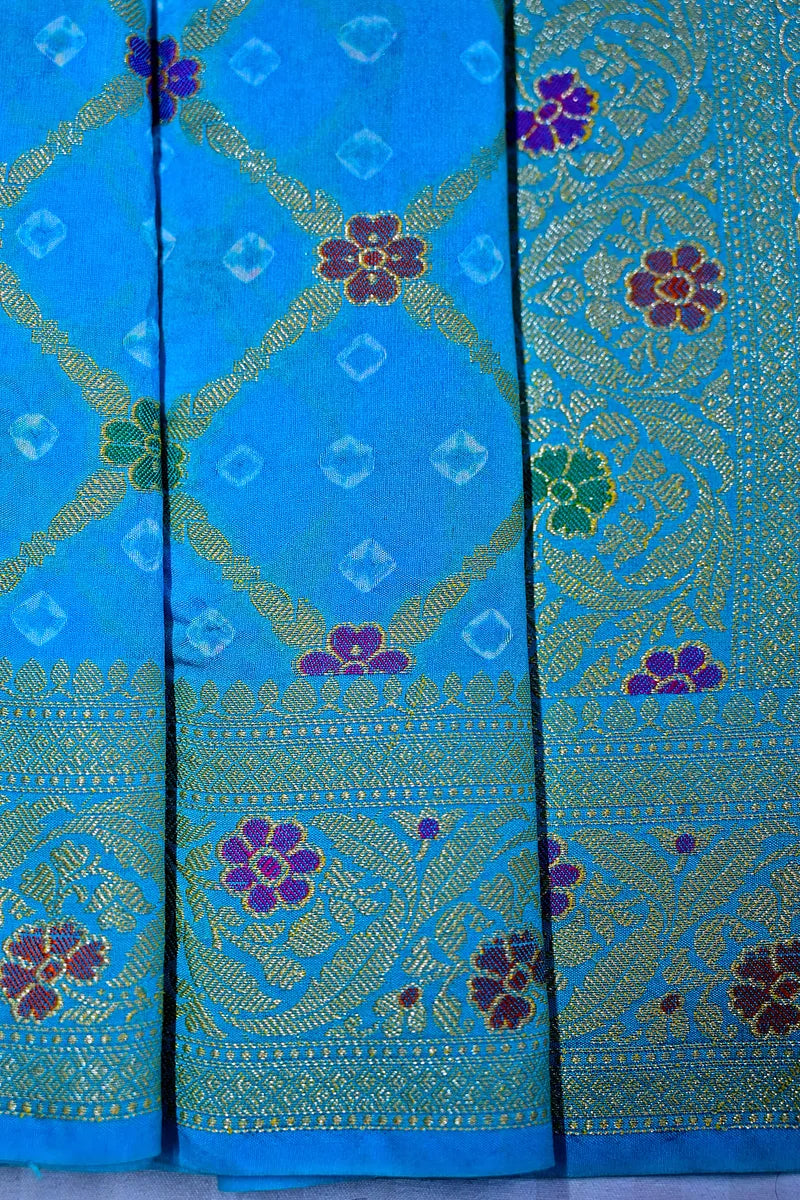Vibrant Sky Blue Bandhani Silk Saree with Gold Zari Jaal & Colorful Meenakari Floral Border(RLSS-176)