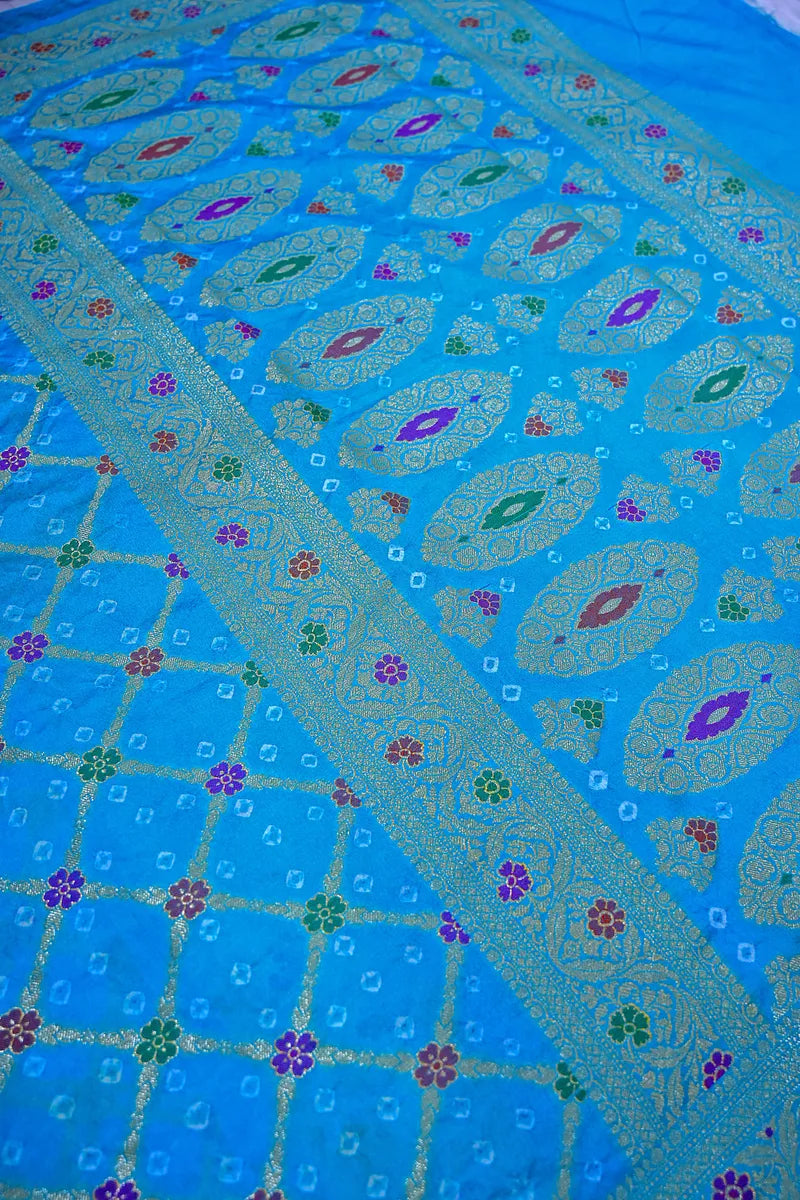 Vibrant Sky Blue Bandhani Silk Saree with Gold Zari Jaal & Colorful Meenakari Floral Border(RLSS-176)