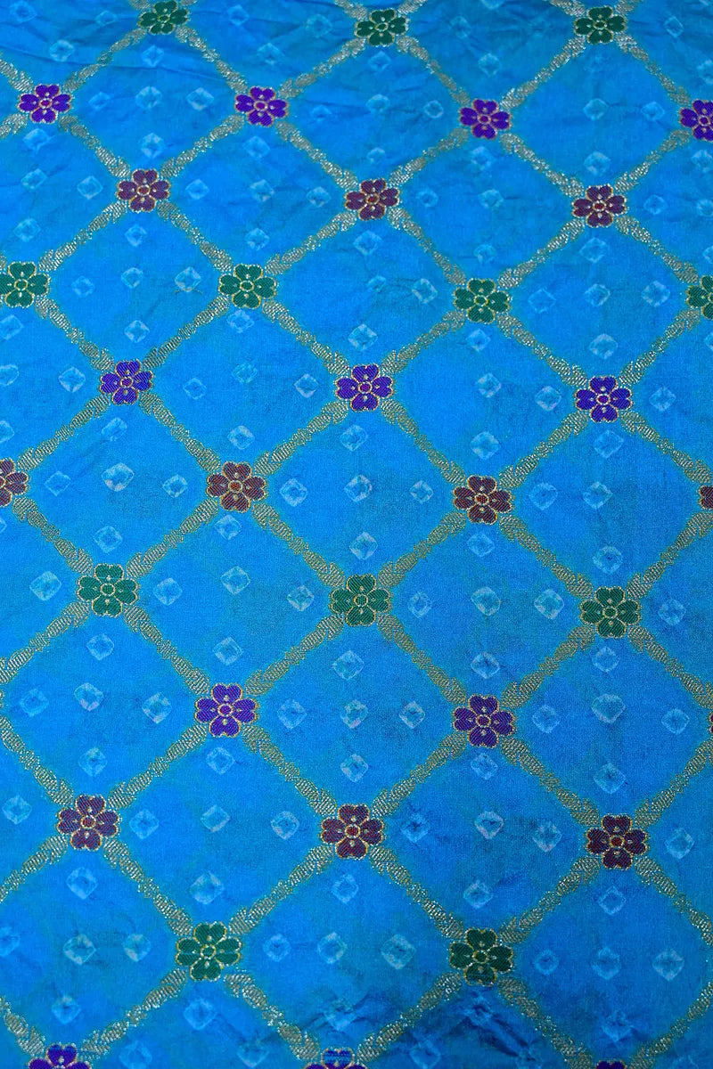 Vibrant Sky Blue Bandhani Silk Saree with Gold Zari Jaal & Colorful Meenakari Floral Border(RLSS-176)