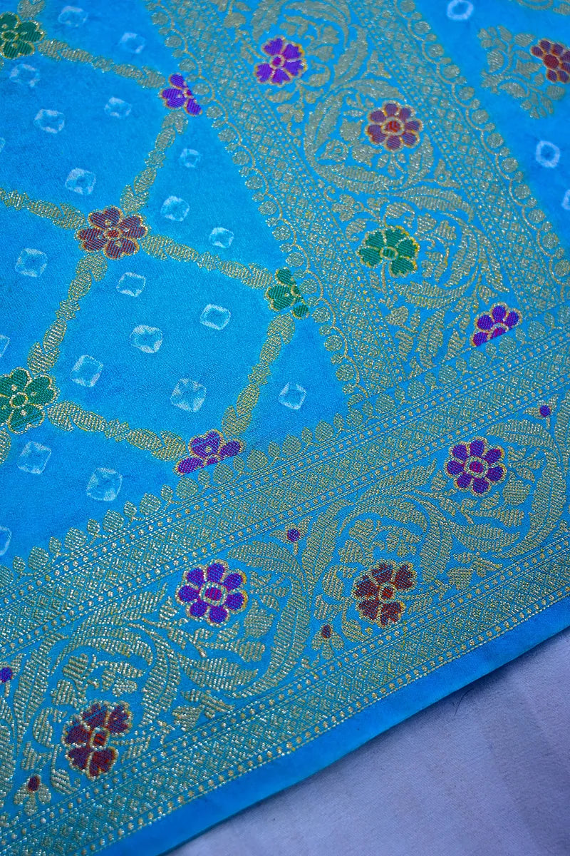 Vibrant Sky Blue Bandhani Silk Saree with Gold Zari Jaal & Colorful Meenakari Floral Border(RLSS-176)