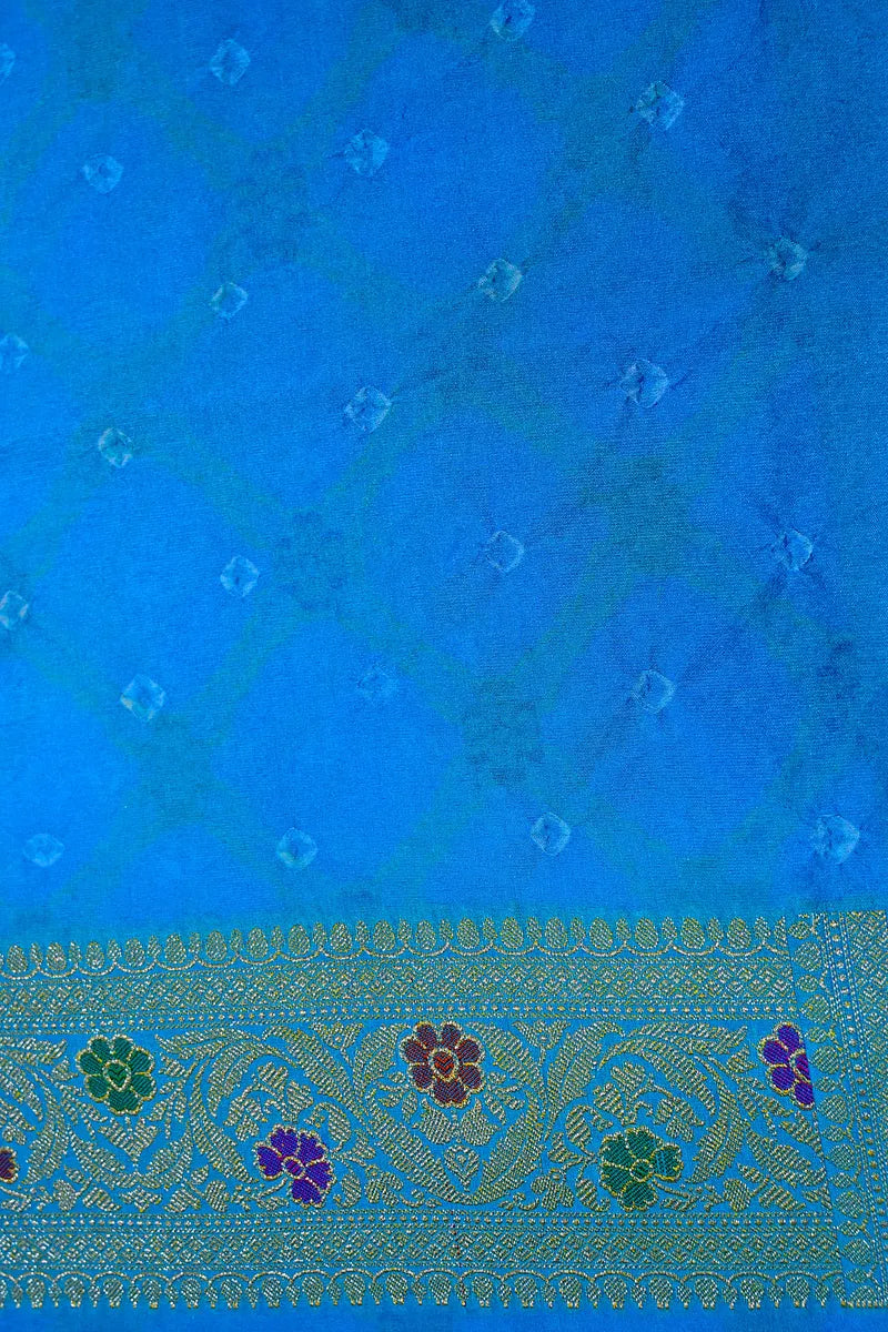 Vibrant Sky Blue Bandhani Silk Saree with Gold Zari Jaal & Colorful Meenakari Floral Border(RLSS-176)