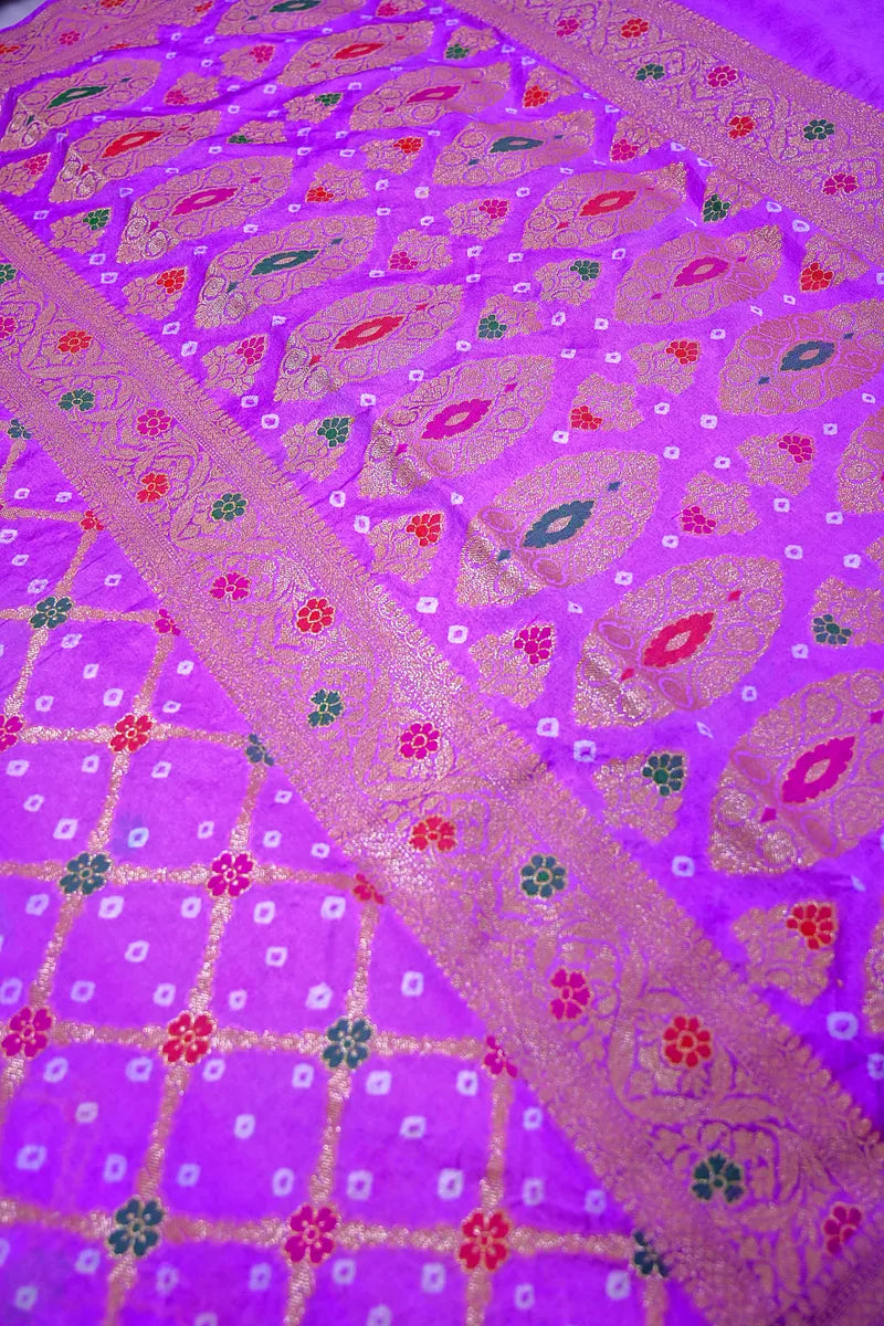 Vibrant Purple Banarasi Bandhani Silk Saree Meenakari & Zari Elegance(RLSS-174)