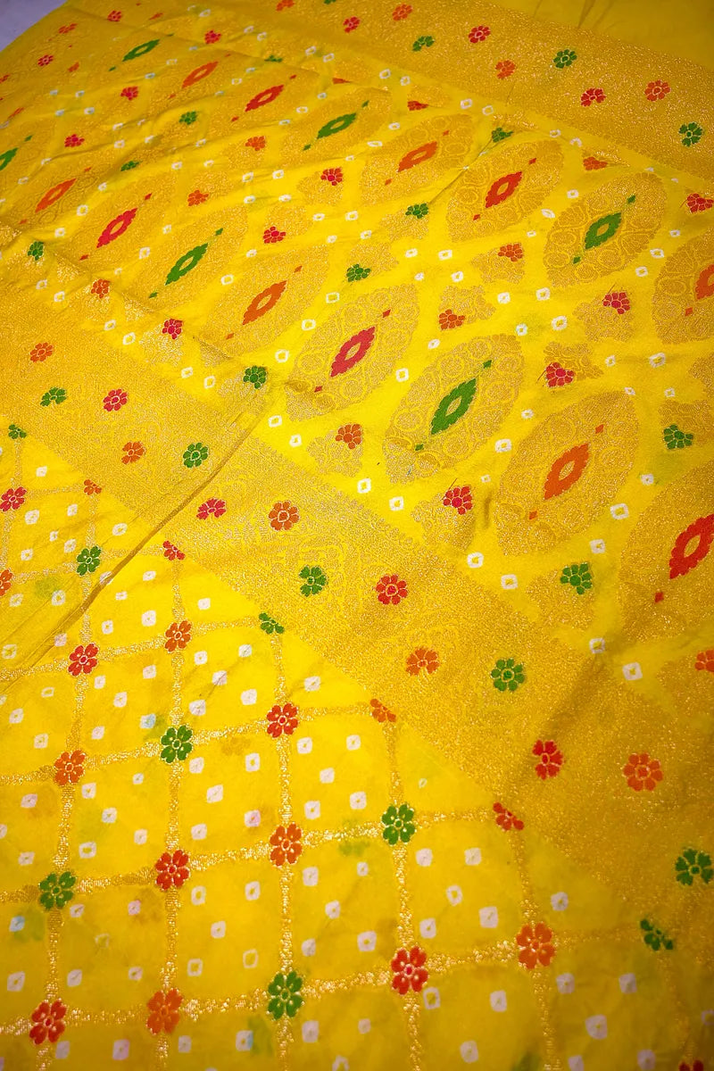 Sunshine Yellow Bandhani Silk Saree with Gold Zari Jaal & Colorful Meenakari Motifs(RLSS-180)