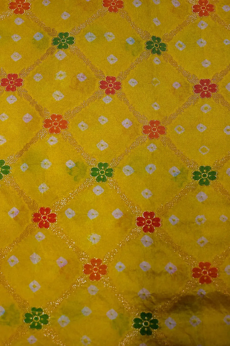Sunshine Yellow Bandhani Silk Saree with Gold Zari Jaal & Colorful Meenakari Motifs(RLSS-180)
