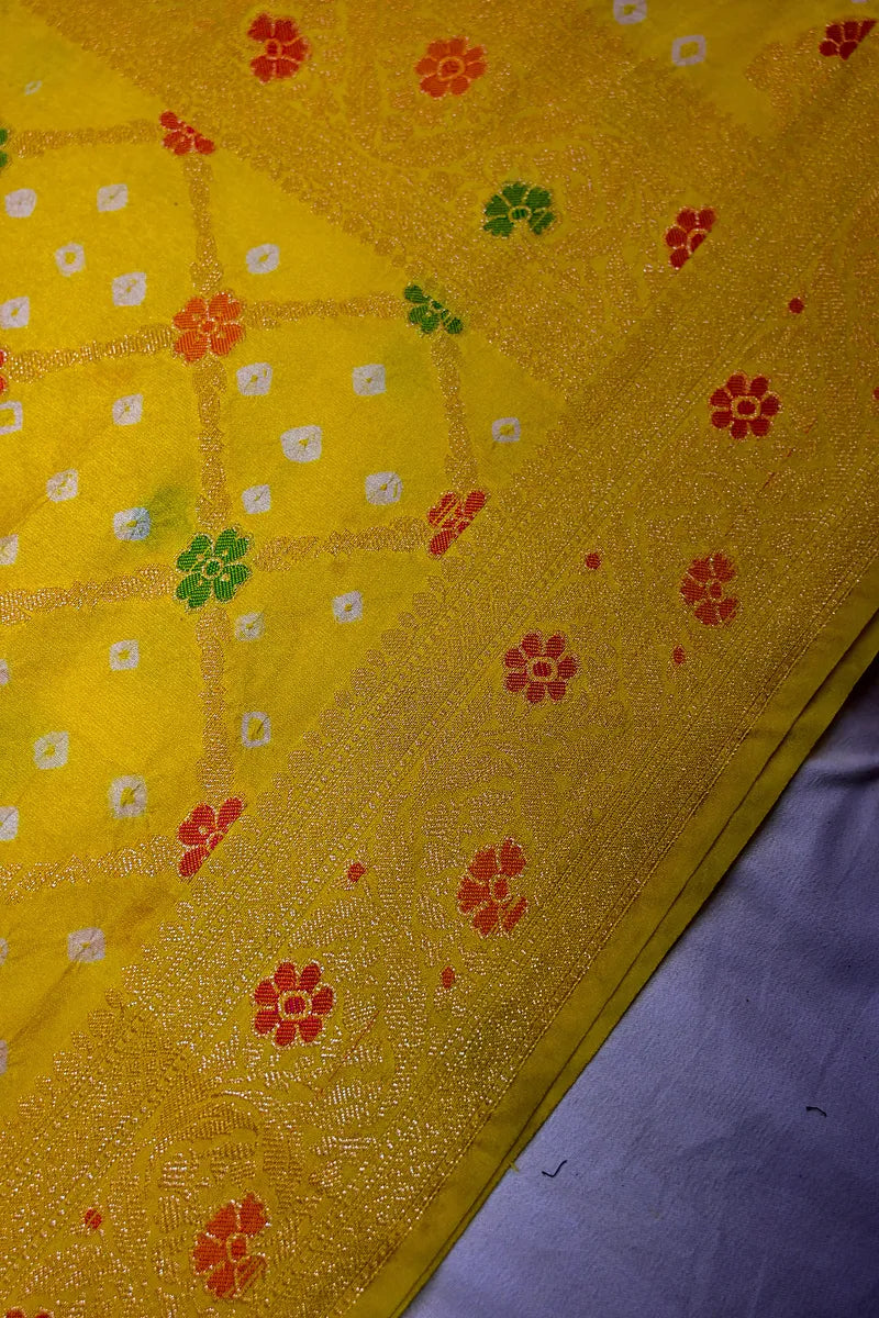Sunshine Yellow Bandhani Silk Saree with Gold Zari Jaal & Colorful Meenakari Motifs(RLSS-180)
