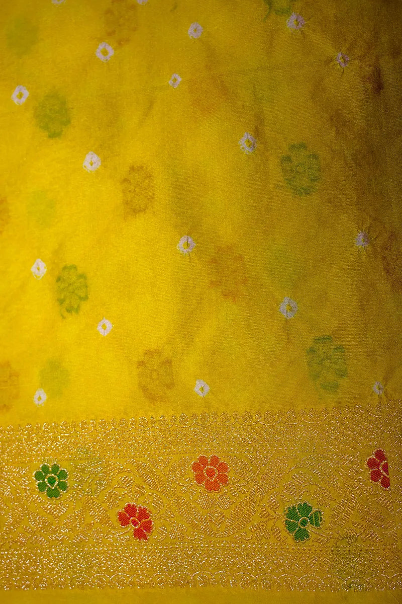 Sunshine Yellow Bandhani Silk Saree with Gold Zari Jaal & Colorful Meenakari Motifs(RLSS-180)