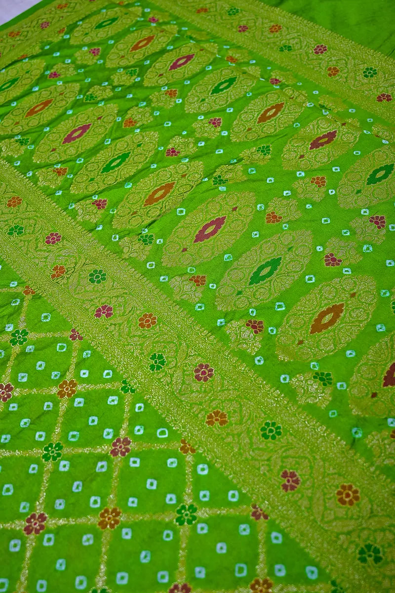 Parrot Green Banarasi Bandhani Silk Saree Meenakari Zari Elegance(RLSS-172)