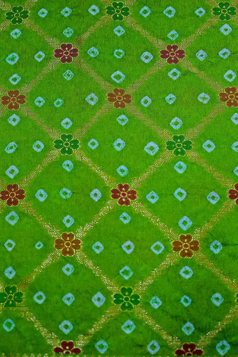 Parrot Green Banarasi Bandhani Silk Saree Meenakari Zari Elegance(RLSS-172)