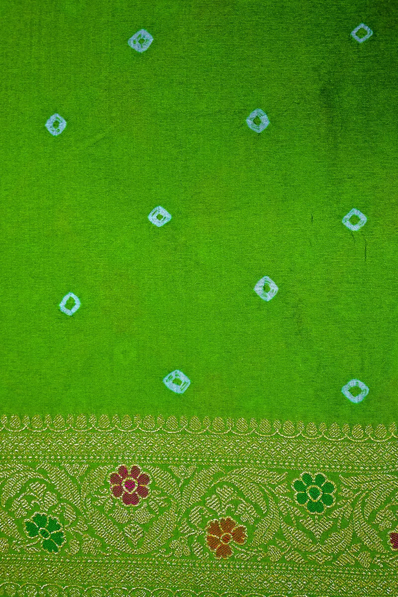 Parrot Green Banarasi Bandhani Silk Saree Meenakari Zari Elegance(RLSS-172)