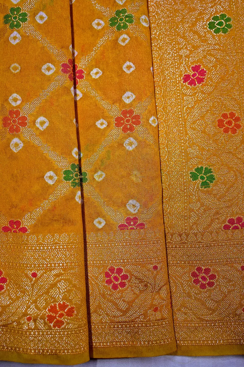 Sunshine Yellow Bandhani Silk Saree with Gold Zari Jaal & Colorful Meenakari Motifs(RLSS-180)