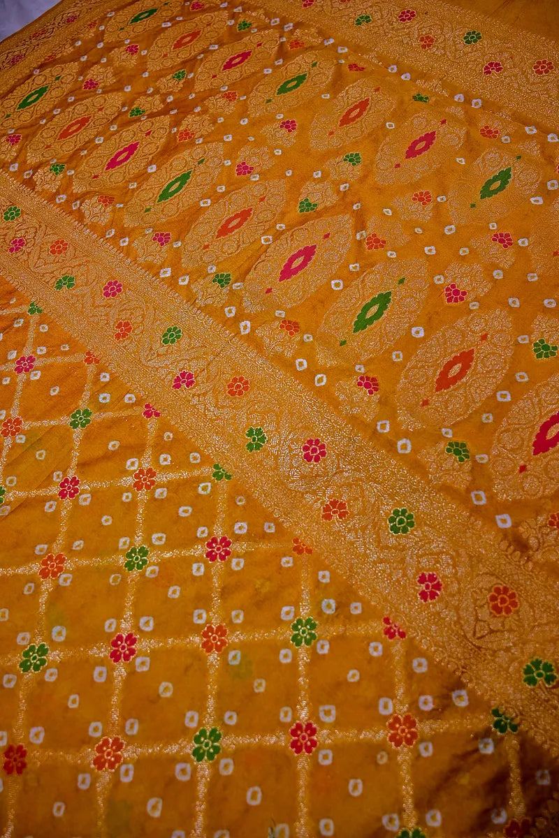 Mustard Yellow Zari Woven Banarasi Bandhani Saree(RLSS-186)