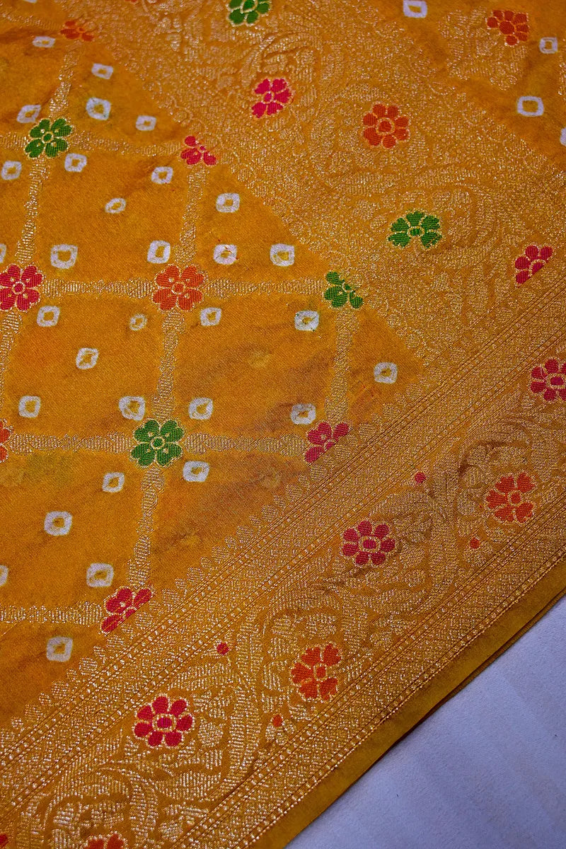 Mustard Yellow Zari Woven Banarasi Bandhani Saree(RLSS-186)
