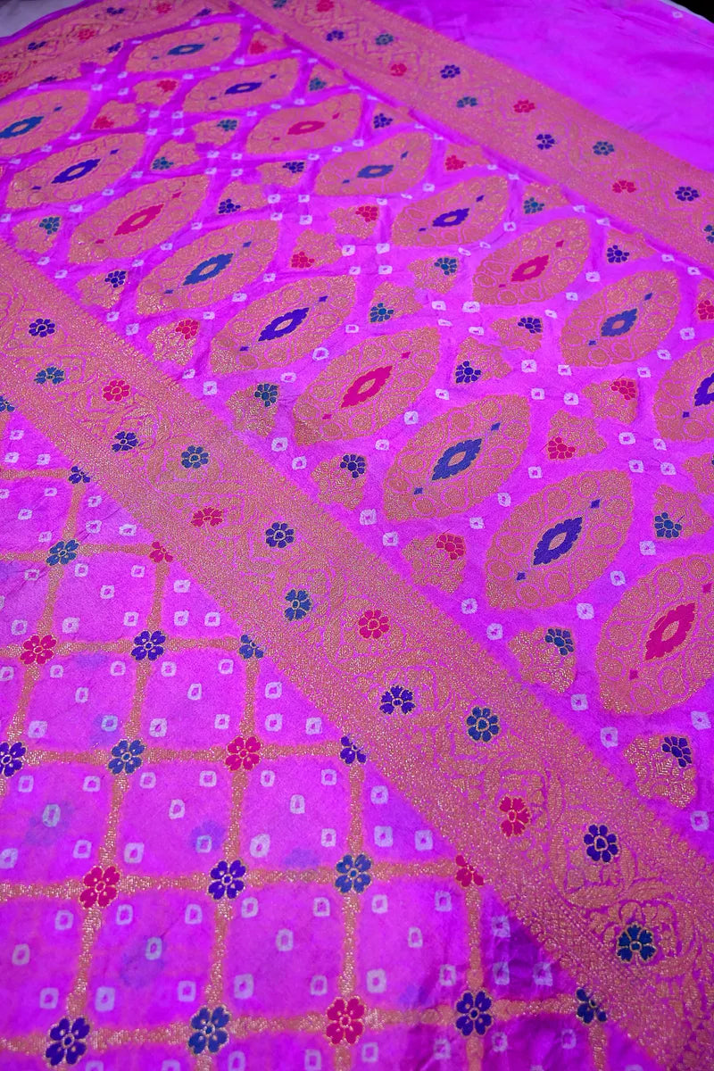Magenta Purple Bandhani Silk Saree with Gold Zari Jaal Colorful Meenakari Floral Border(RLSS-171)