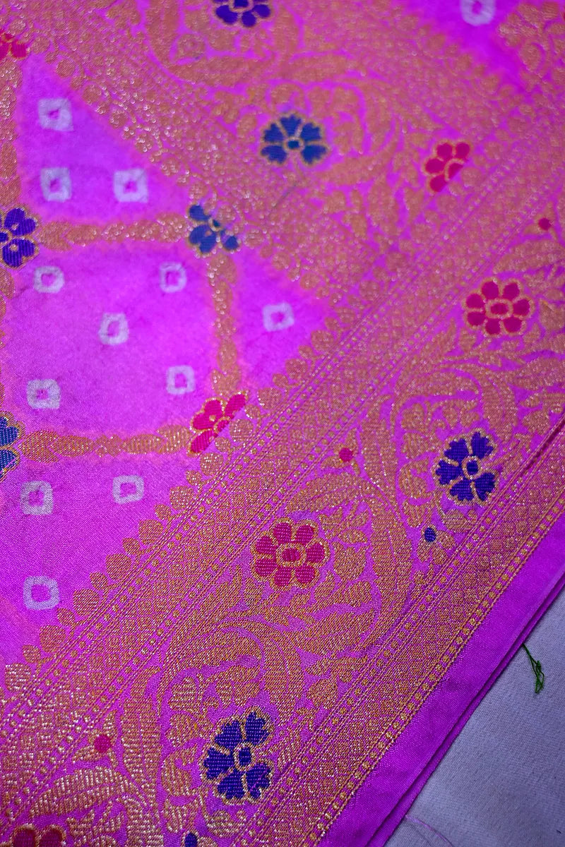 Magenta Purple Bandhani Silk Saree with Gold Zari Jaal Colorful Meenakari Floral Border(RLSS-171)