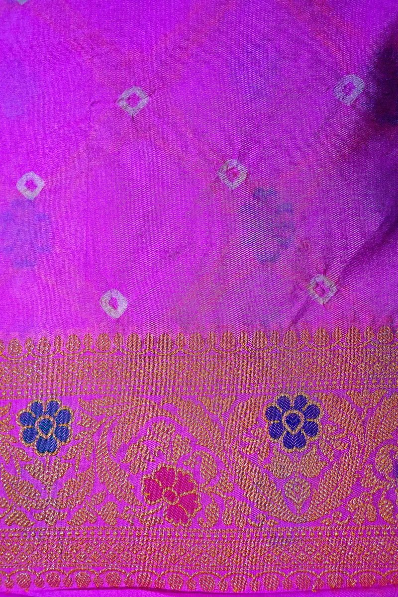 Magenta Purple Bandhani Silk Saree with Gold Zari Jaal Colorful Meenakari Floral Border(RLSS-171)