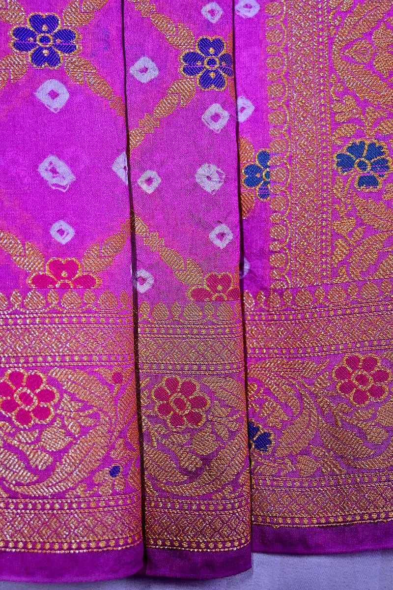 Magenta Purple Bandhani Silk Saree with Gold Zari Jaal Colorful Meenakari Floral Border(RLSS-171)