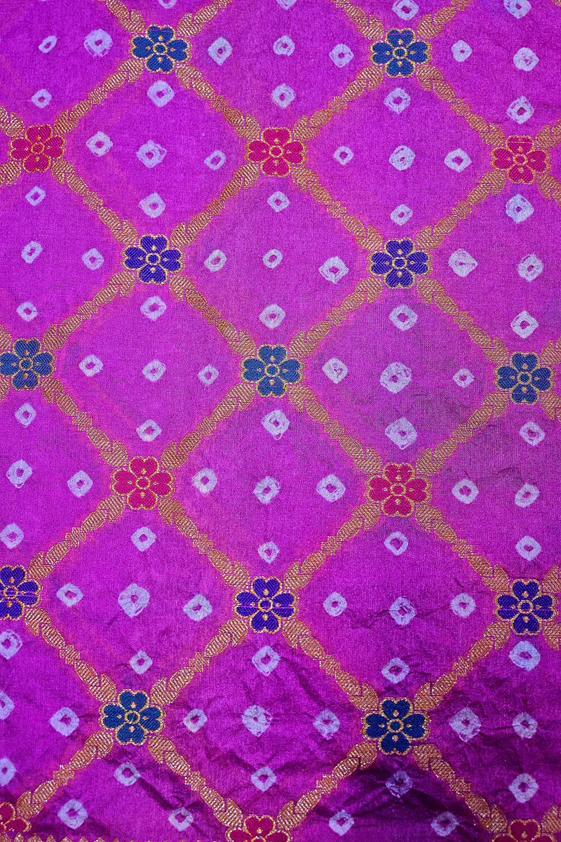 Magenta Purple Bandhani Silk Saree with Gold Zari Jaal Colorful Meenakari Floral Border(RLSS-171)