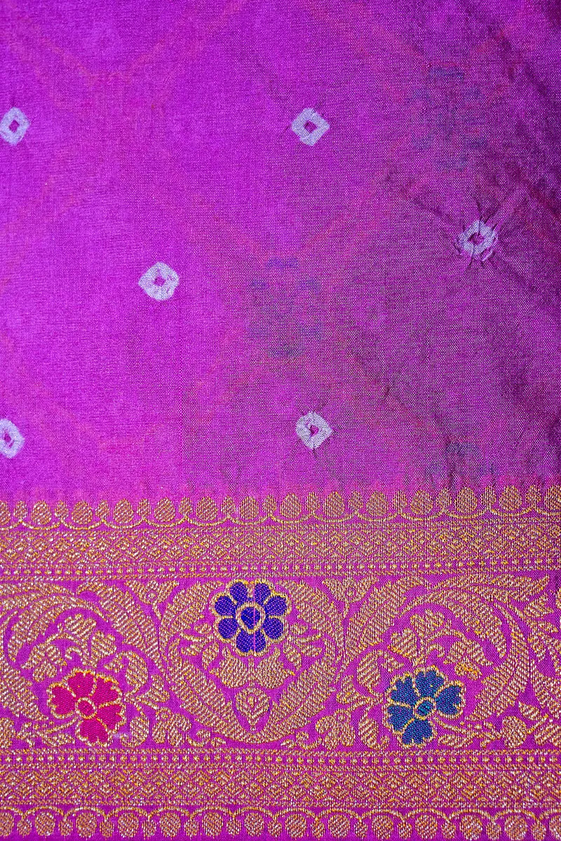 Rani Pink Bandhani Silk Saree with Circular Zari Chakras & Meenakari Floral Border(RLSS-170)