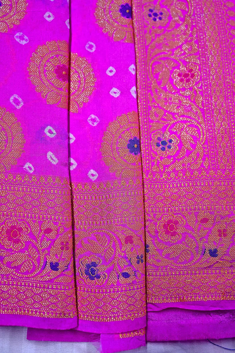 Rani Pink Bandhani Silk Saree with Circular Zari Chakras & Meenakari Floral Border(RLSS-170)