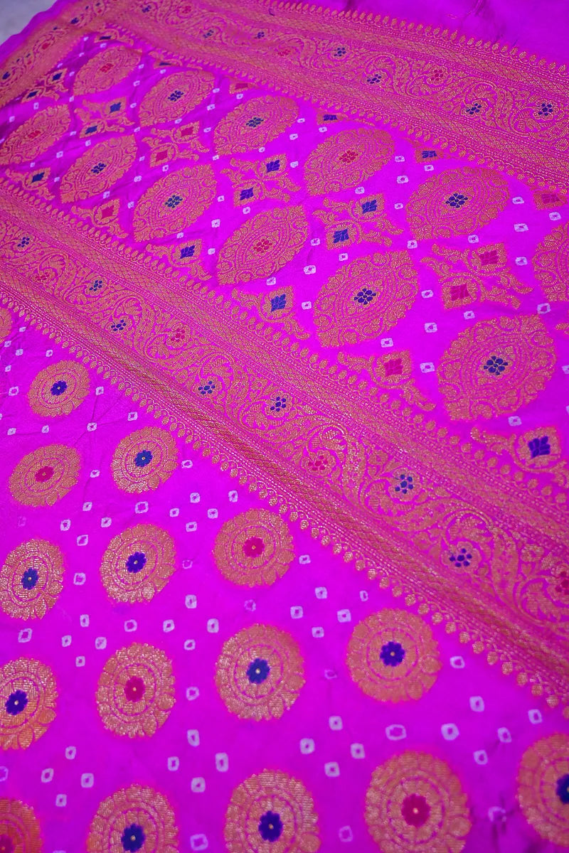 Rani Pink Bandhani Silk Saree with Circular Zari Chakras & Meenakari Floral Border(RLSS-170)
