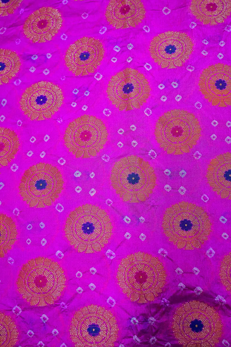 Rani Pink Bandhani Silk Saree with Circular Zari Chakras & Meenakari Floral Border(RLSS-170)
