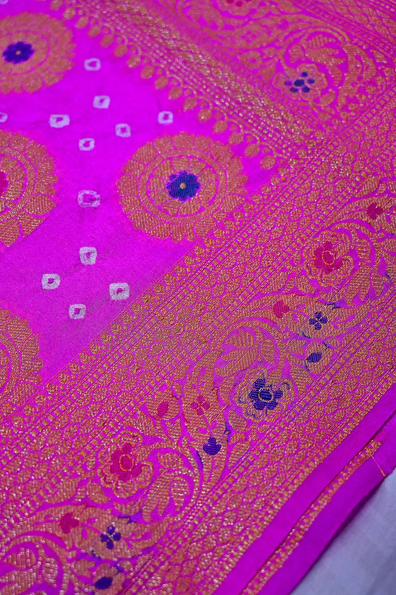 Rani Pink Bandhani Silk Saree with Circular Zari Chakras & Meenakari Floral Border(RLSS-170)