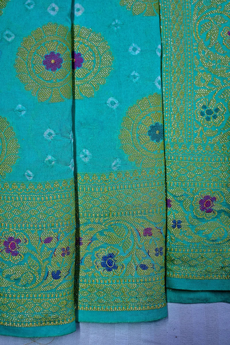 Turquoise Sea Green Bandhani Silk Saree with Circular Zari Chakras & Meenakari Border(RLSS-168)