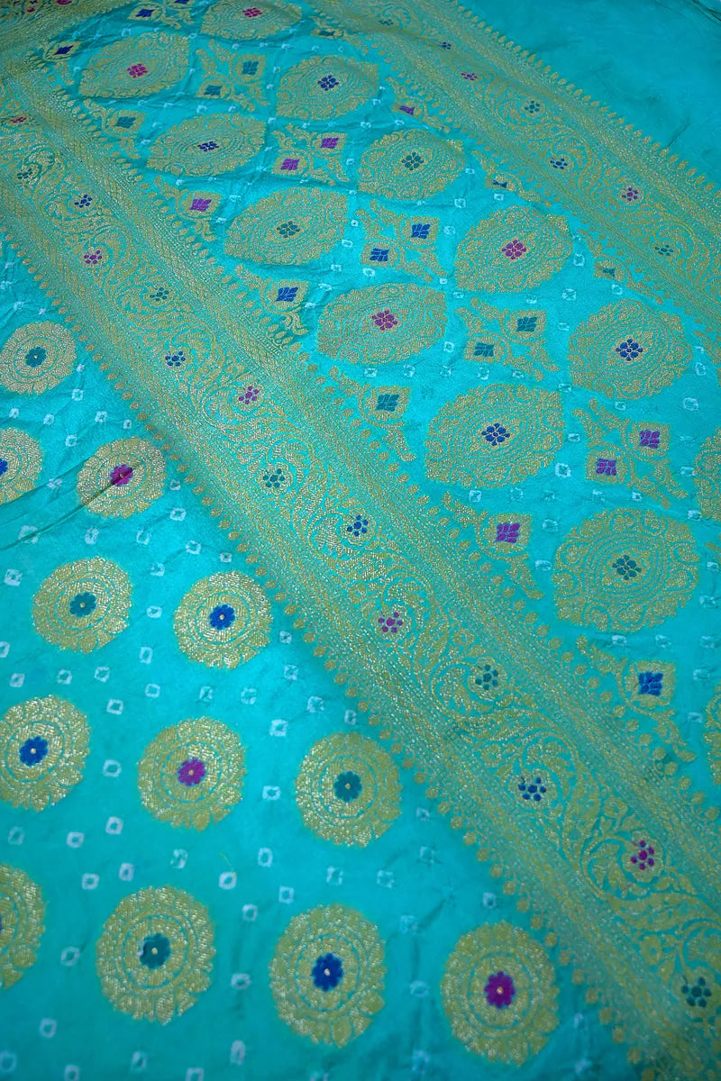 Turquoise Sea Green Bandhani Silk Saree with Circular Zari Chakras & Meenakari Border(RLSS-168)