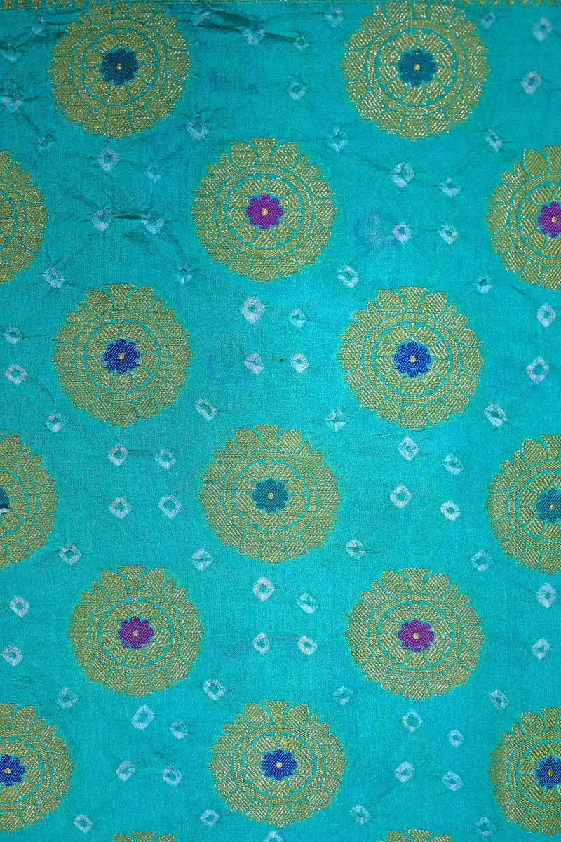 Turquoise Sea Green Bandhani Silk Saree with Circular Zari Chakras & Meenakari Border(RLSS-168)