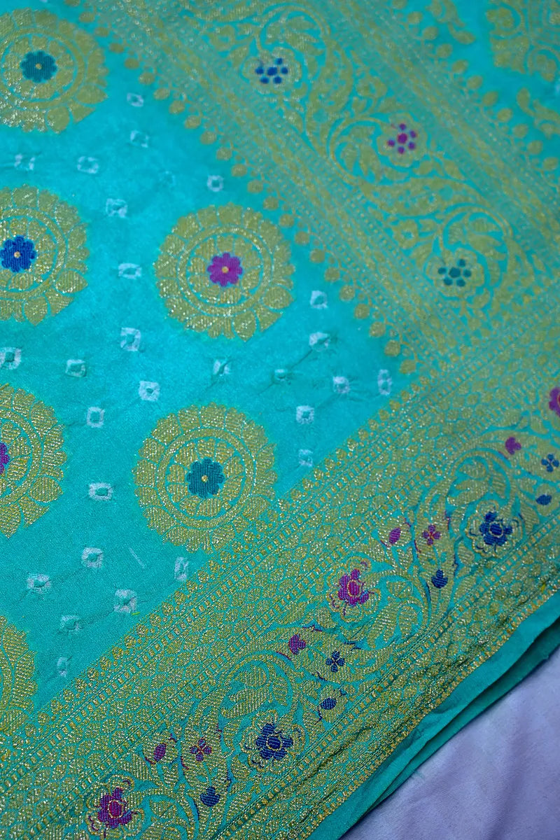 Turquoise Sea Green Bandhani Silk Saree with Circular Zari Chakras & Meenakari Border(RLSS-168)