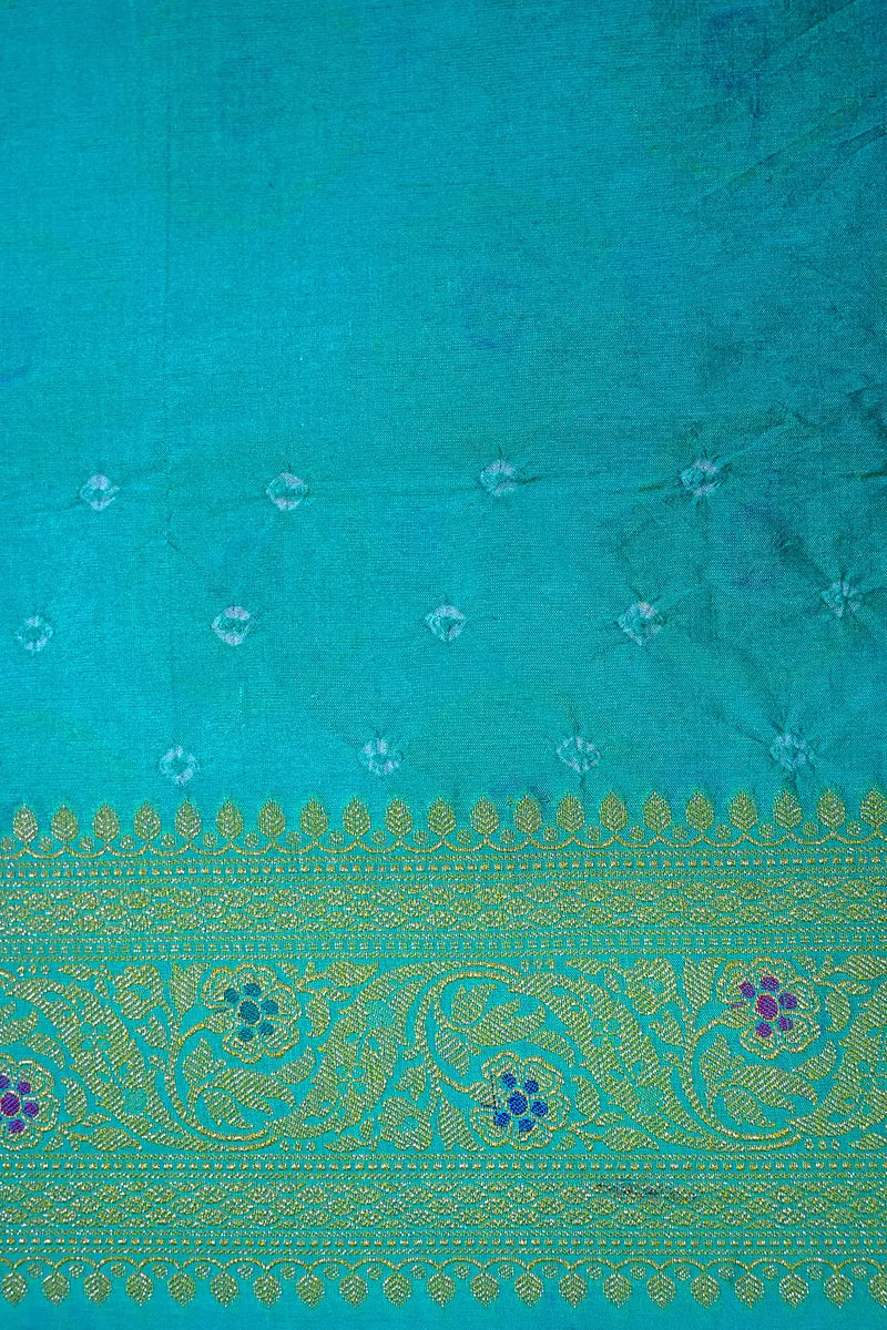 Turquoise Sea Green Bandhani Silk Saree with Circular Zari Chakras & Meenakari Border(RLSS-168)