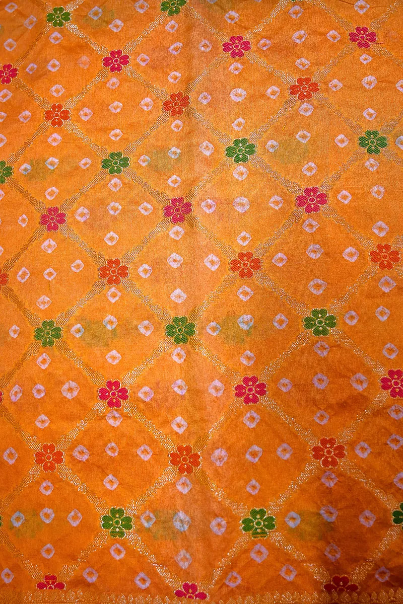 Mustard Orange Bandhani Silk Saree with Gold Zari Jaal & Colorful Meenakari Floral Border(RLSS-169)