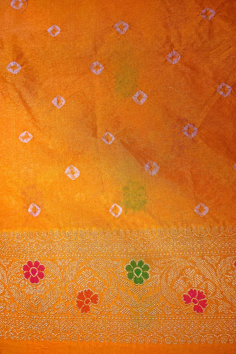 Mustard Orange Bandhani Silk Saree with Gold Zari Jaal & Colorful Meenakari Floral Border(RLSS-169)