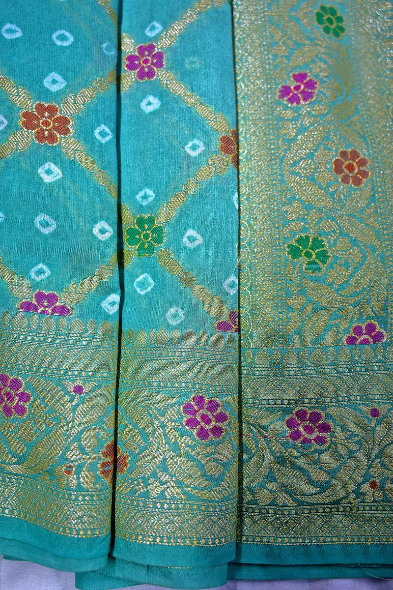 Sea Green Bandhani Silk Saree with Gold Zari Jaal & Colorful Meenakari Floral Border(RLSS-167)