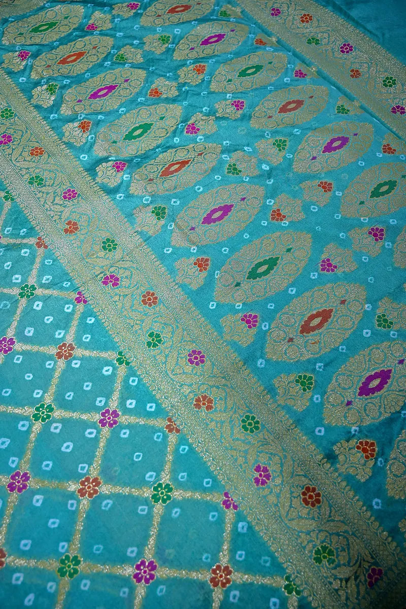 Sea Green Bandhani Silk Saree with Gold Zari Jaal & Colorful Meenakari Floral Border(RLSS-167)