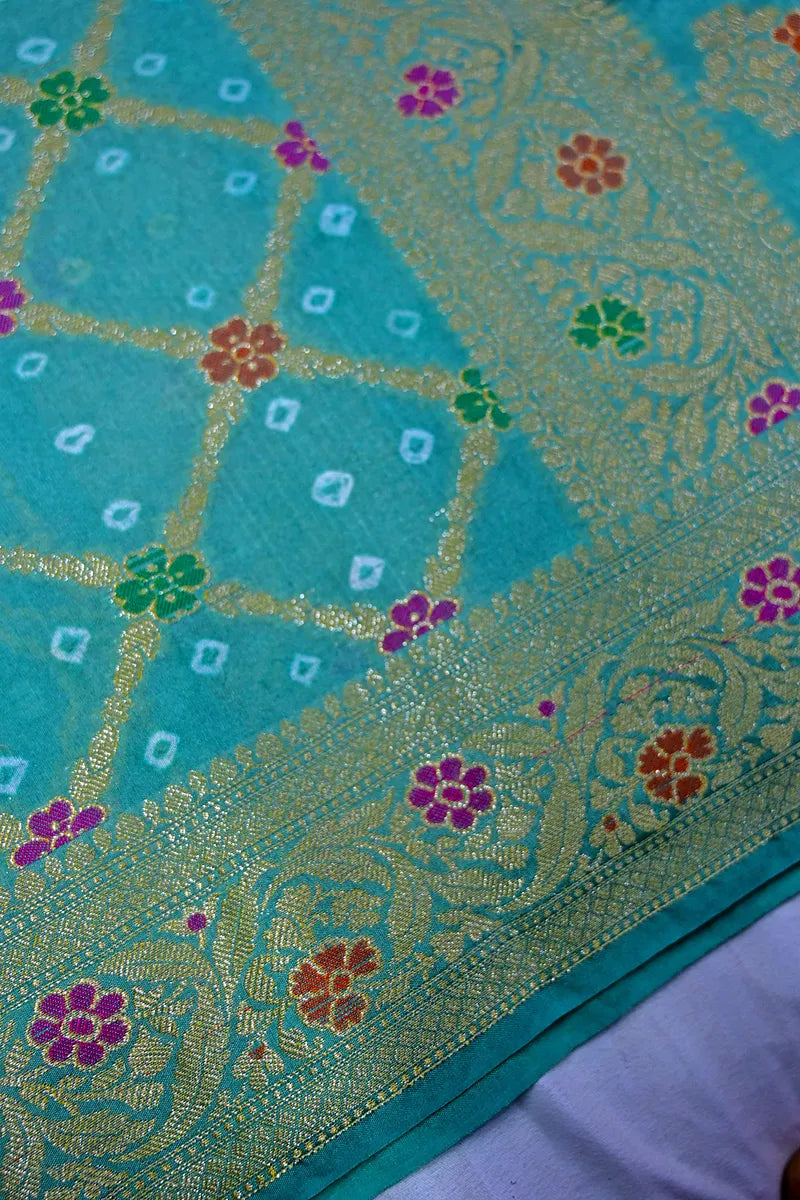 Sea Green Bandhani Silk Saree with Gold Zari Jaal & Colorful Meenakari Floral Border(RLSS-167)