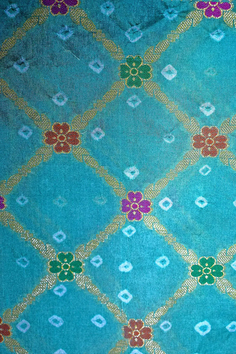 Sea Green Bandhani Silk Saree with Gold Zari Jaal & Colorful Meenakari Floral Border(RLSS-167)