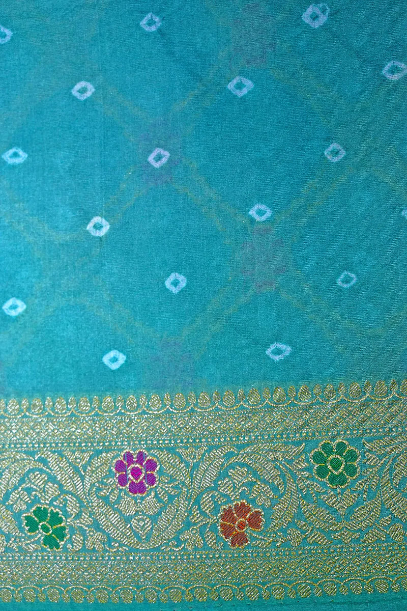 Sea Green Bandhani Silk Saree with Gold Zari Jaal & Colorful Meenakari Floral Border(RLSS-167)